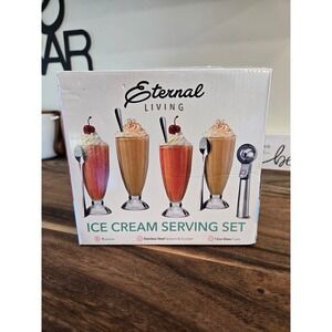 Eternal Living 9pc Ice Cream Serving Set 12oz Glass Cups Spoons & Scooper New